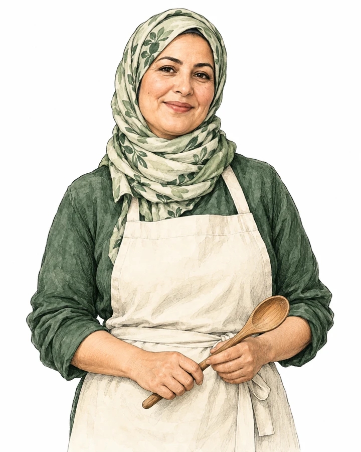 Schetsillustratie van een moeder uit onze marokkaanse keuken