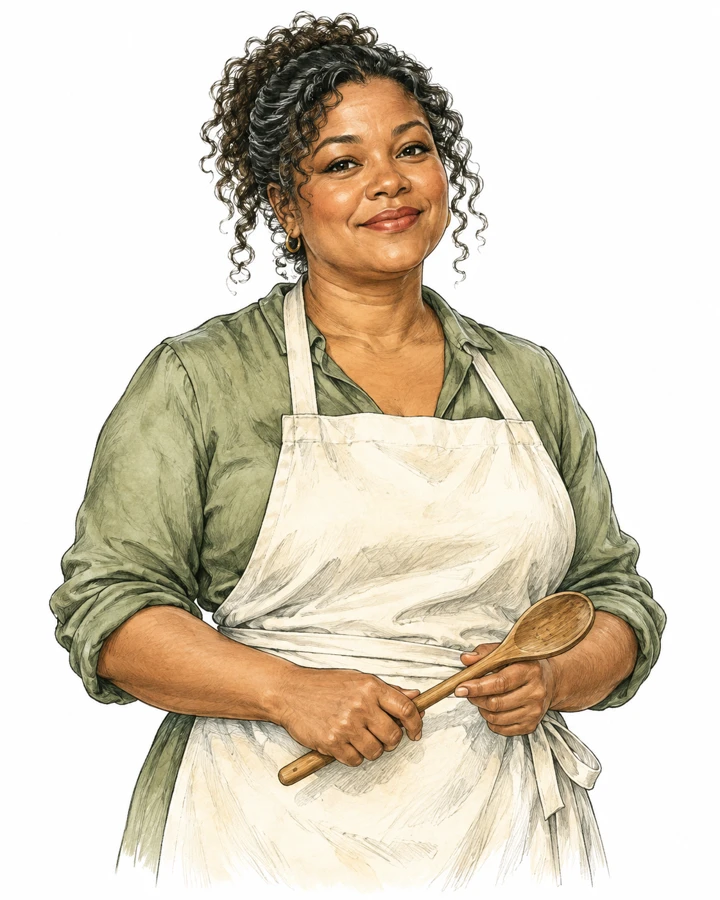 Schetsillustratie van een moeder uit onze surinaamse keuken