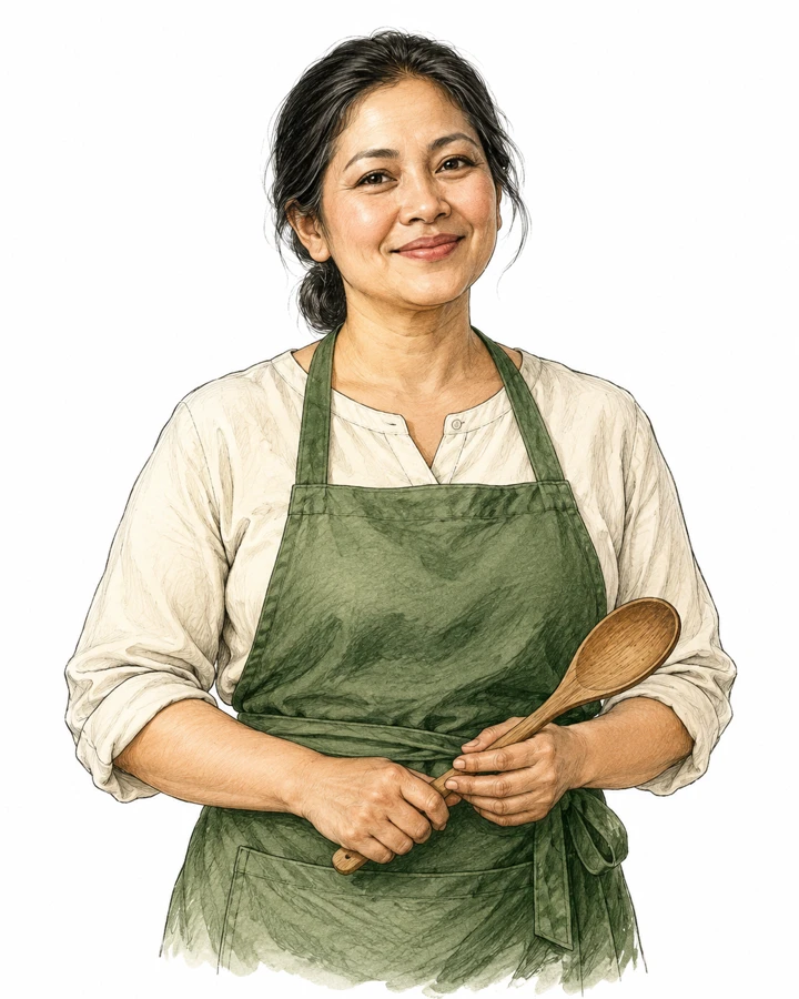Schetsillustratie van een moeder uit onze indonesische keuken